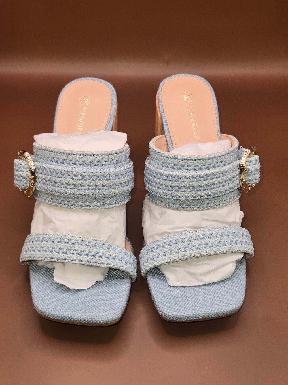 Women's Size 8 Blue Woven Block Heel Sandals Gold Buckle Square Toe